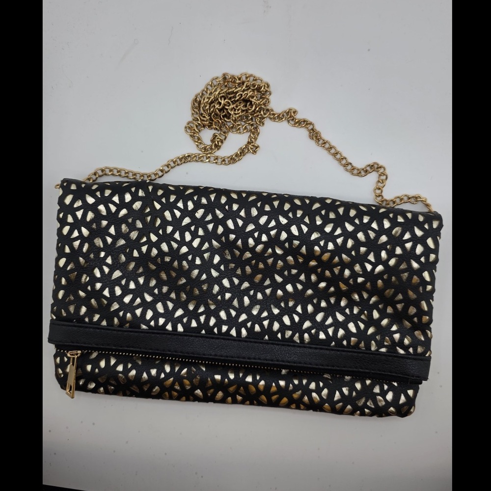 Black Gold Cutout Clutch Purse Fold Over Chain Strap Evening Bag